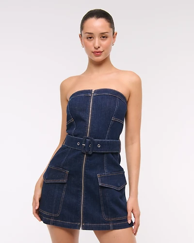 Strapless Belted Denim Mini Dress