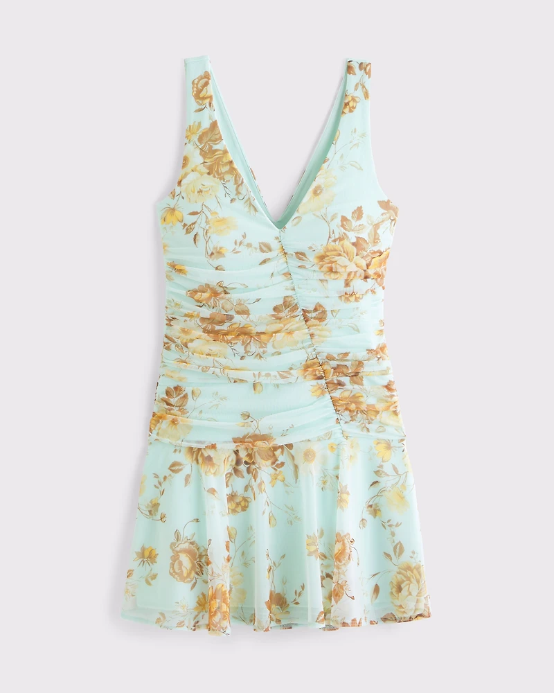 Bra-Free V-Neck Ruched Mesh Mini Dress