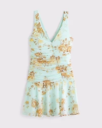 Bra-Free V-Neck Ruched Mesh Mini Dress