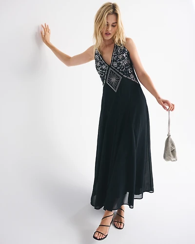 Beaded Plunge Maxi Dress