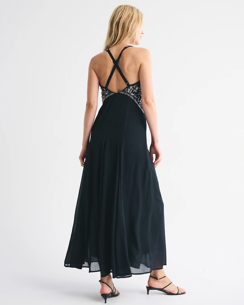 Beaded Plunge Maxi Dress