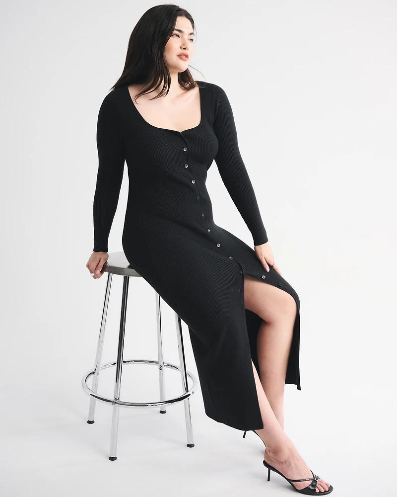 Long-Sleeve Button-Through Maxi Sweater Dress