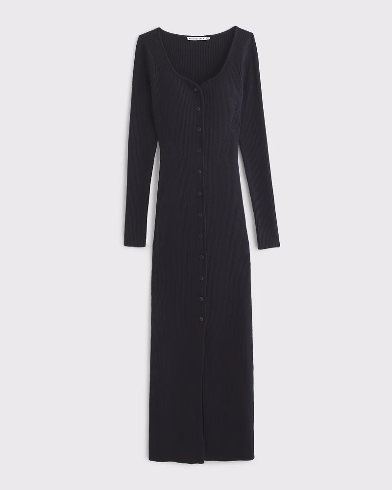 Long-Sleeve Button-Through Maxi Sweater Dress