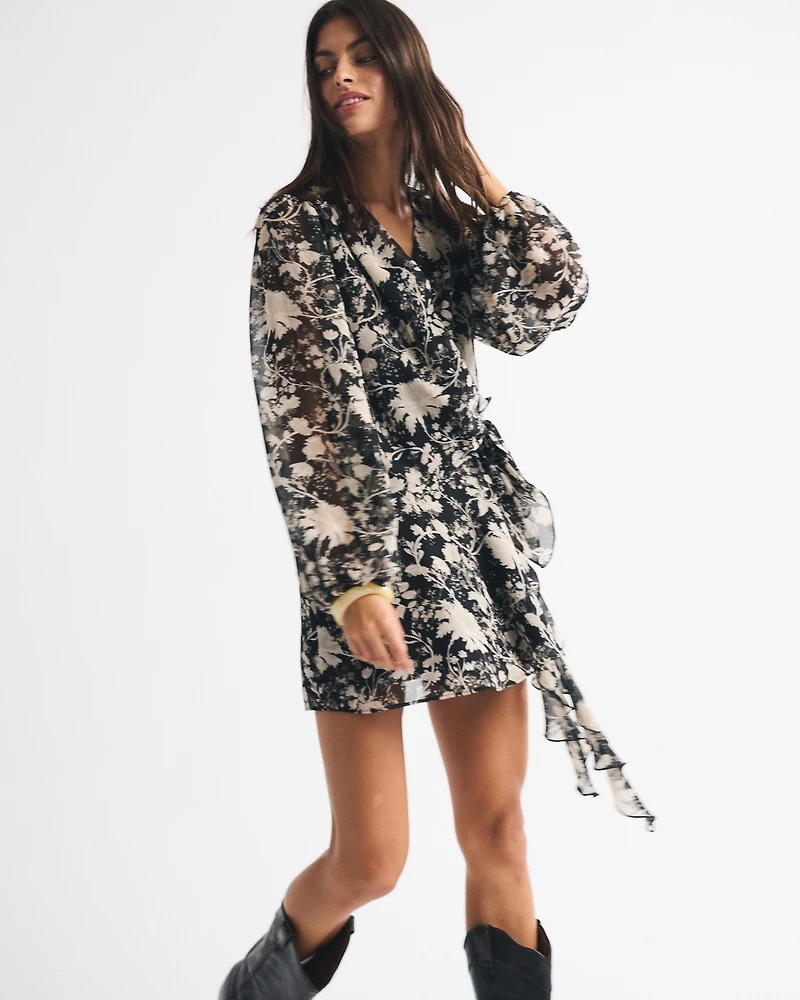 Long-Sleeve Plunge Wrap Mini Dress