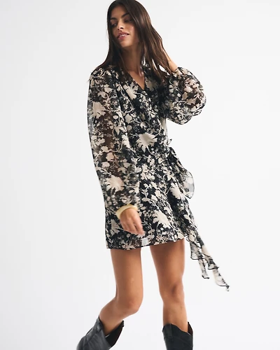 Long-Sleeve Plunge Wrap Mini Dress