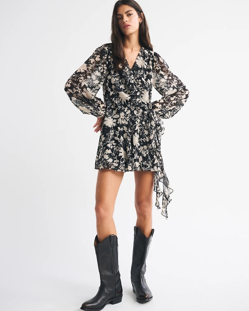 Long-Sleeve Plunge Wrap Mini Dress