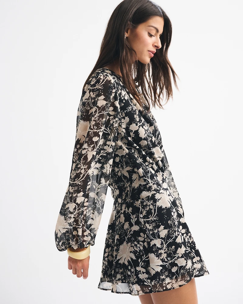 Long-Sleeve Plunge Wrap Mini Dress