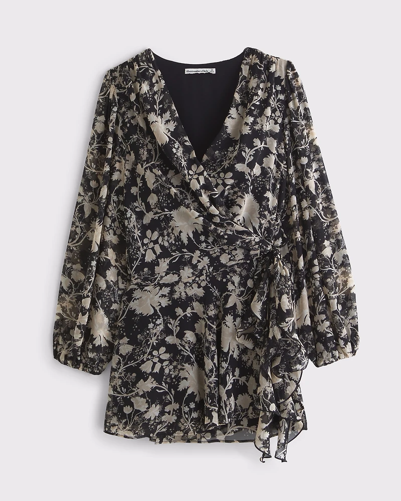 Long-Sleeve Plunge Wrap Mini Dress