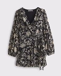 Long-Sleeve Plunge Wrap Mini Dress