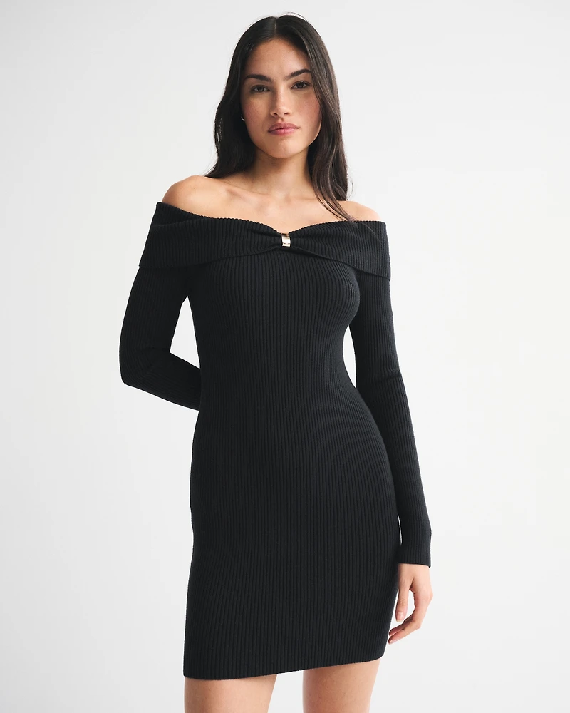 Off-The-Shoulder Hardware Mini Sweater Dress