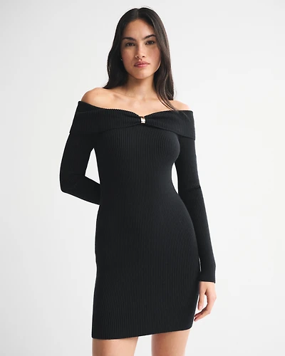 Off-The-Shoulder Hardware Mini Sweater Dress