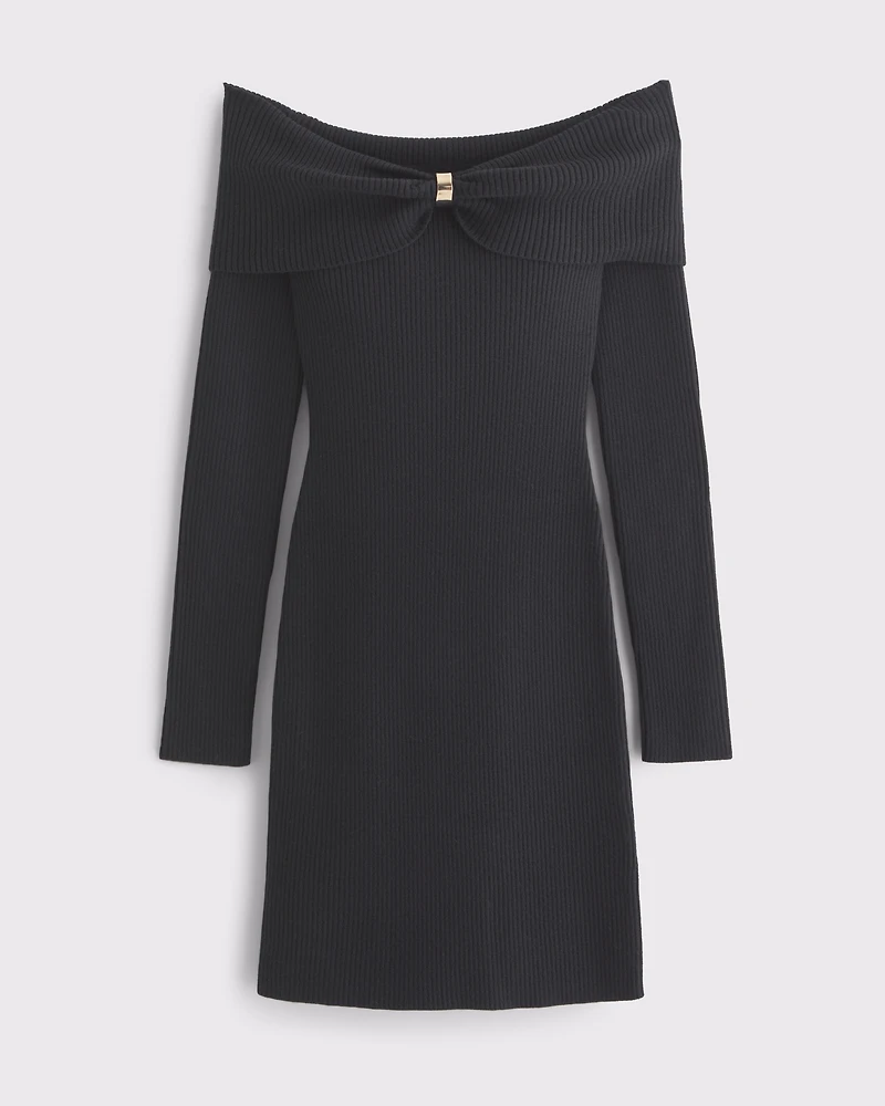 Off-The-Shoulder Hardware Mini Sweater Dress