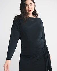 Long-Sleeve Draped Knit Mini Dress