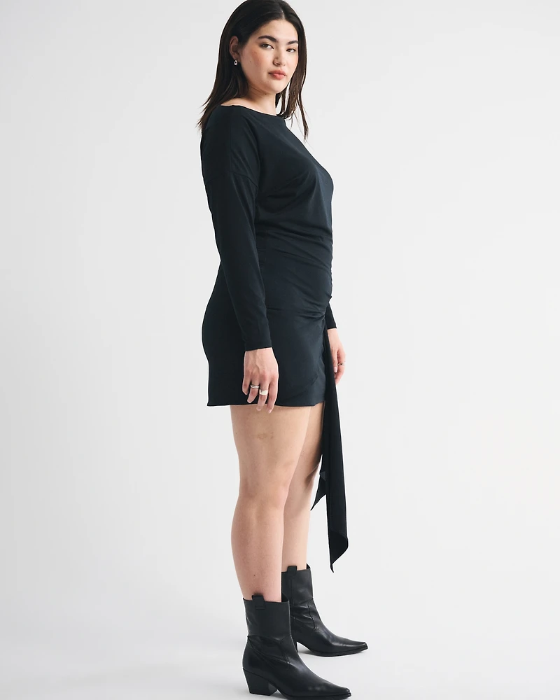 Long-Sleeve Draped Knit Mini Dress