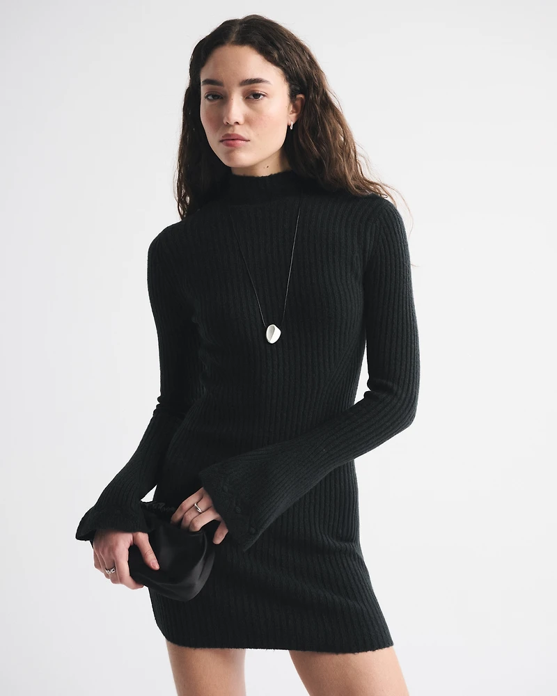 Mockneck Ribbed Mini Sweater Dress