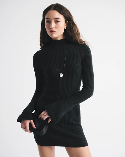 Mockneck Ribbed Mini Sweater Dress