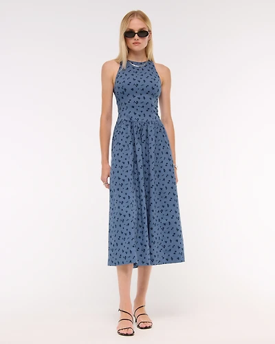 High-Neck Drop-Waist Midi Dress