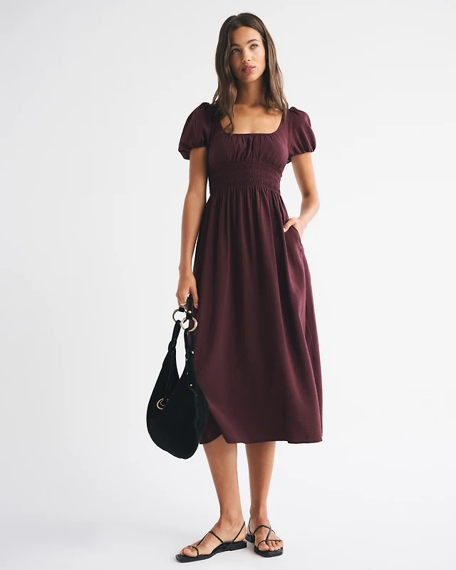 abercrombie smocked puff sleeve midi dress Abercrombie & Fitch Puff Sleeve Smocked Waist Midi Dress