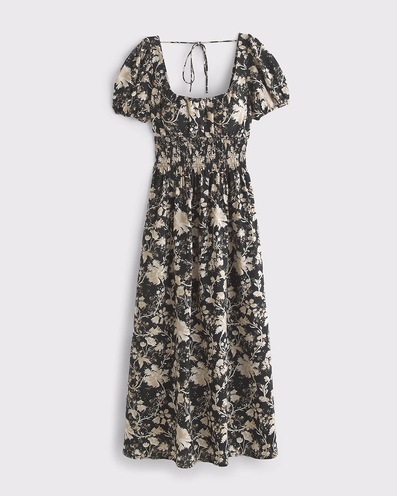 Puff Sleeve Smocked Waist Midi Dress