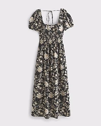 Puff Sleeve Smocked Waist Midi Dress