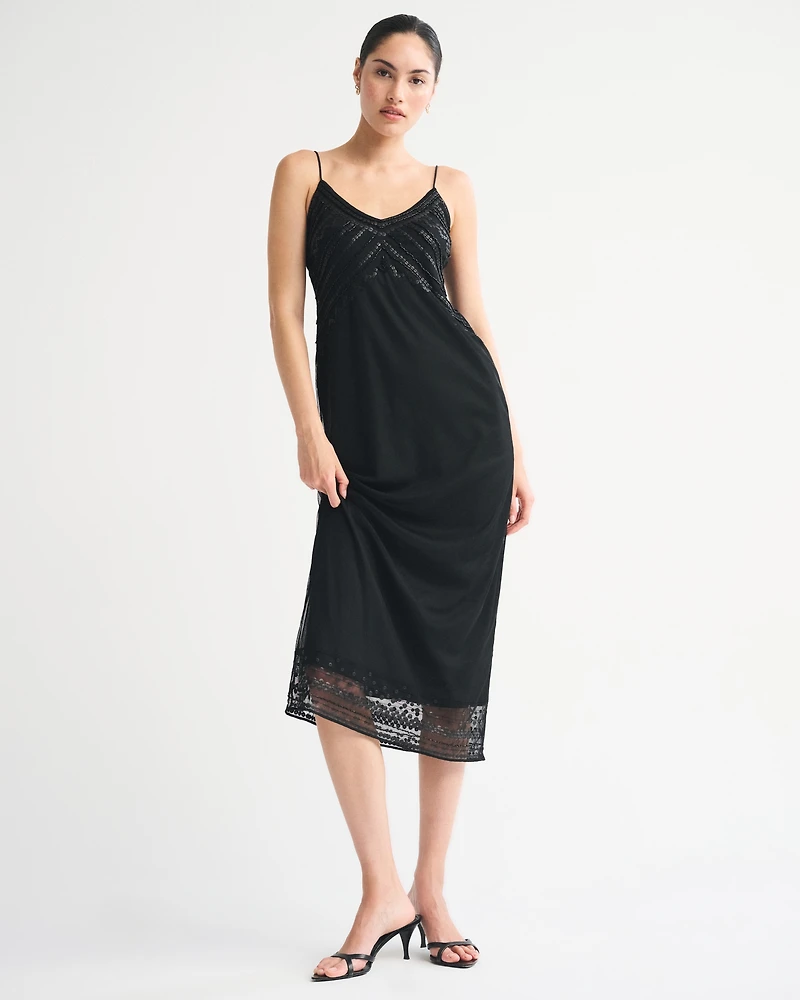 Tie-Back Beaded Slip Midi Dress
