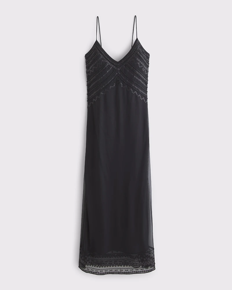 Tie-Back Beaded Slip Midi Dress
