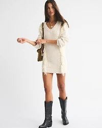 V-Neck Fringe Mini Sweater Dress