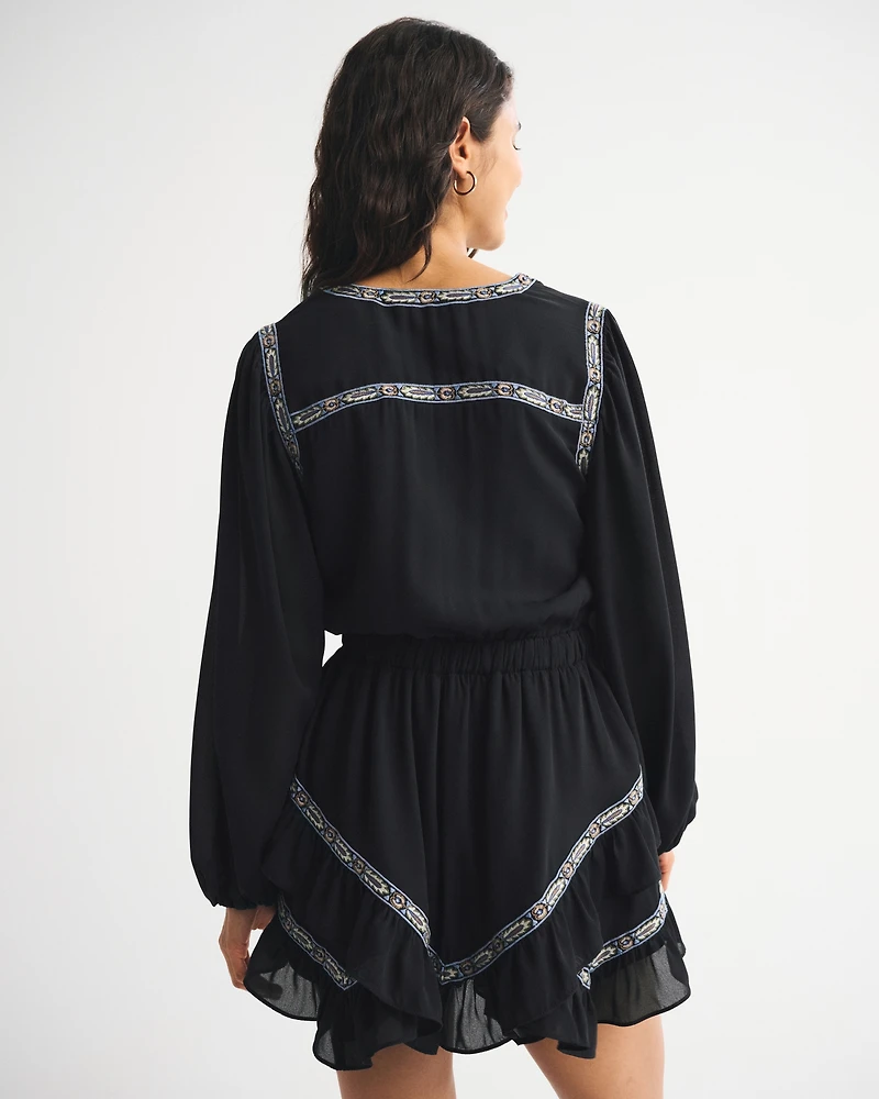 Long-Sleeve Easy Waist Ruffle Mini Dress