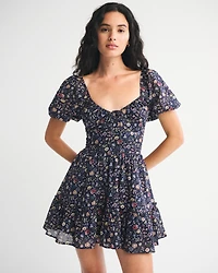 Puff Sleeve Tie-Front Mini Dress