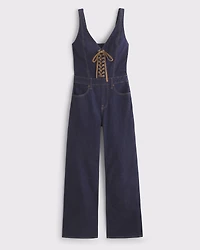 Vegan Suede Lace-Up Denim Jumpsuit