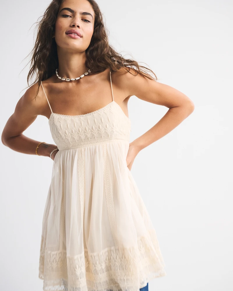 Embroidered Babydoll Mini Dress
