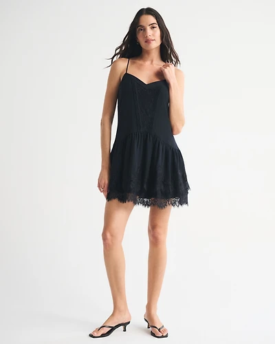 V-Neck Lace Ruffle Mini Dress