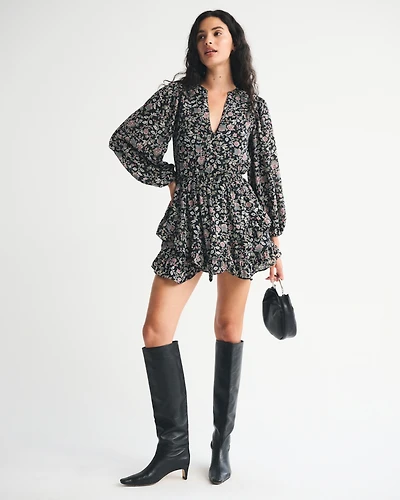 Long-Sleeve Easy Waist Ruffle Mini Dress