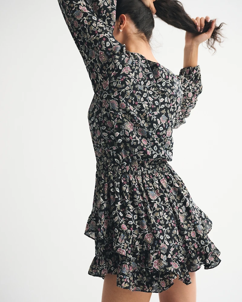 Long-Sleeve Easy Waist Ruffle Mini Dress