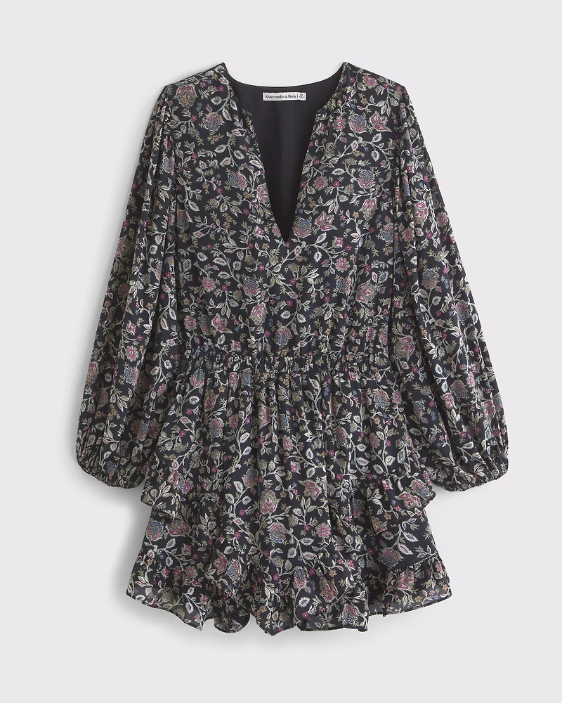 Long-Sleeve Easy Waist Ruffle Mini Dress