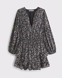 Long-Sleeve Easy Waist Ruffle Mini Dress