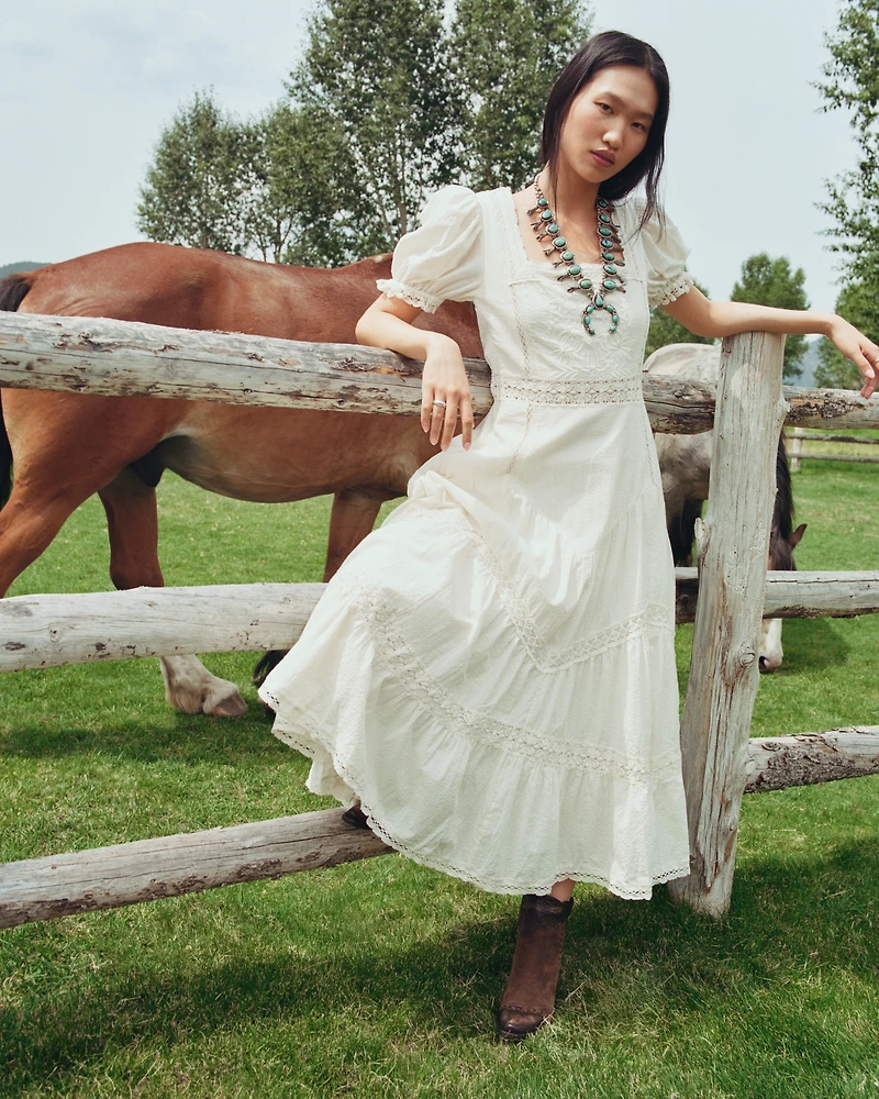 Puff Sleeve Lace-Pieced Maxi Dress