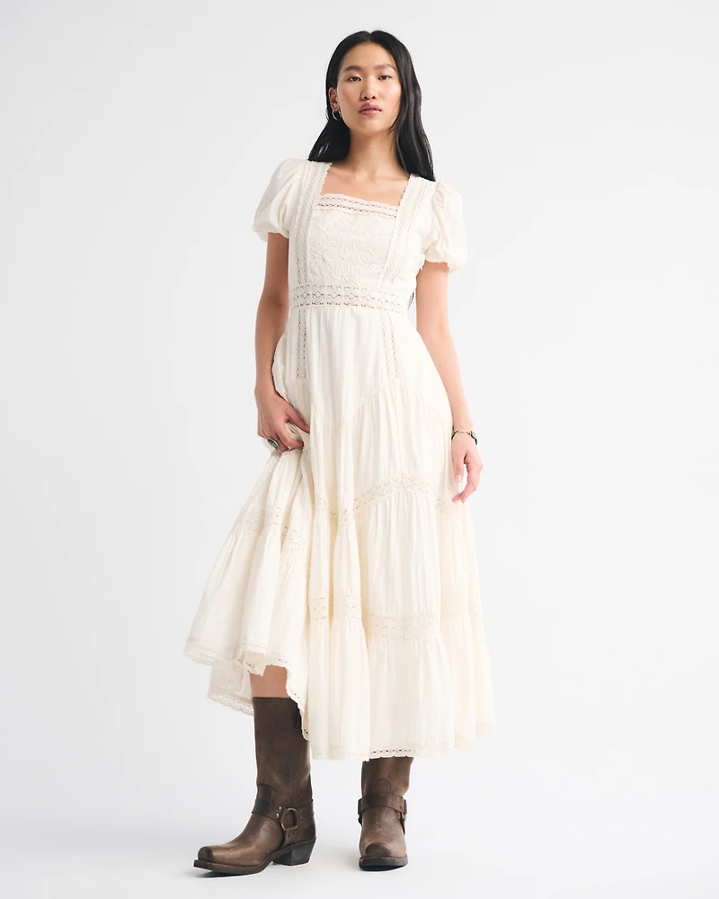 Puff Sleeve Lace-Pieced Maxi Dress