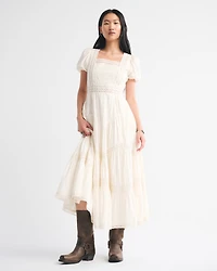 Puff Sleeve Lace-Pieced Maxi Dress