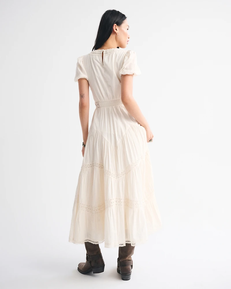 Puff Sleeve Lace-Pieced Maxi Dress
