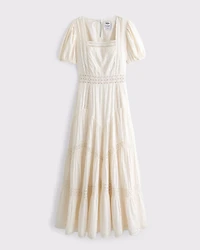 Puff Sleeve Lace-Pieced Maxi Dress