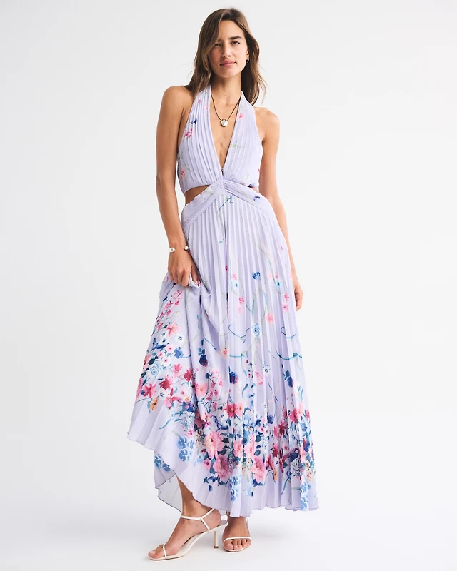 abercrombie halter maxi dress Women's The A&F Julia Slip Halter Maxi Dress in Dusty Mauve Pattern | Size XL PETITE
