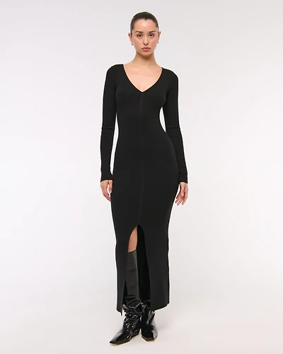 Long-Sleeve V-Neck Maxi Sweater Dress