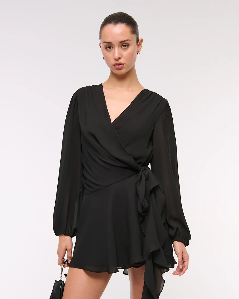 Long-Sleeve Draped Wrap Mini Dress