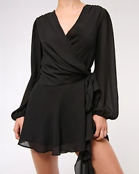 Long-Sleeve Draped Wrap Mini Dress