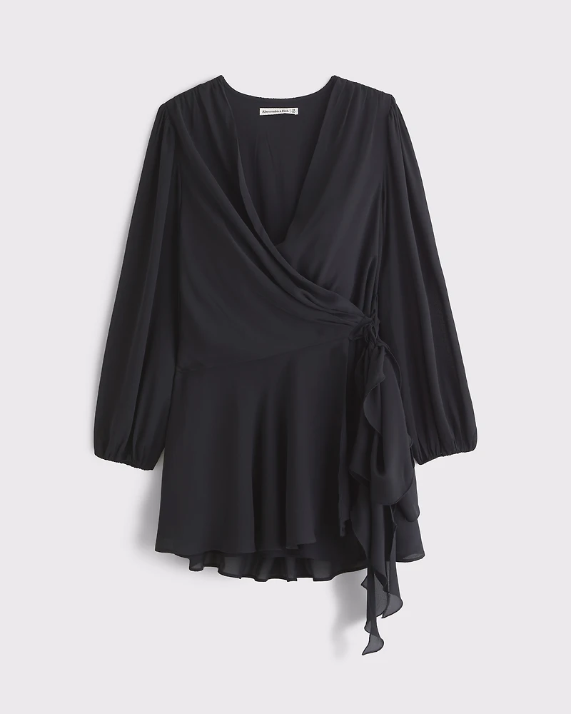 Long-Sleeve Draped Wrap Mini Dress
