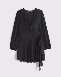 Long-Sleeve Draped Wrap Mini Dress