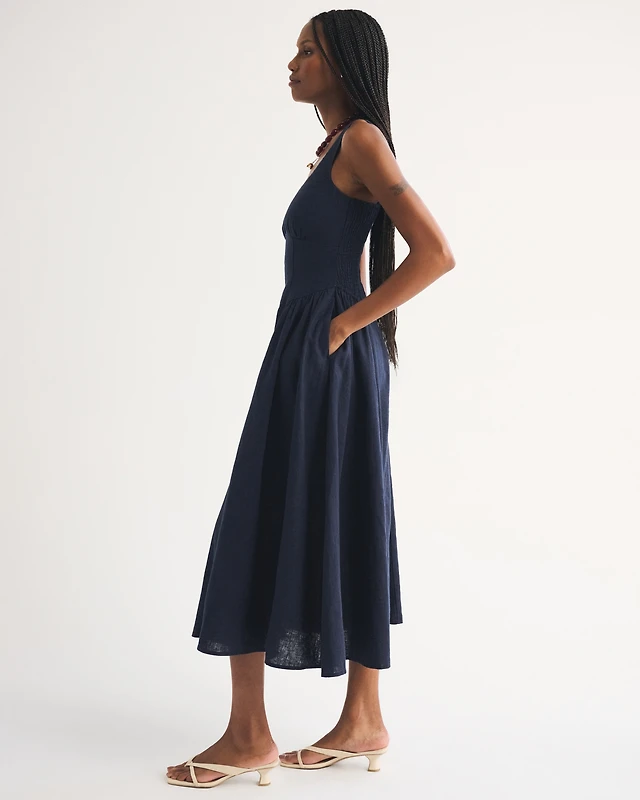 linen-blend squareneck column midi dress Abercrombie & Fitch Linen-Blend Squareneck Column Midi Dress