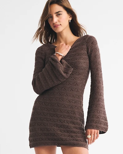 Long-Sleeve Tie-Back Crochet-Style Mini Dress