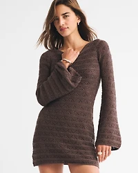 Long-Sleeve Tie-Back Crochet-Style Mini Dress
